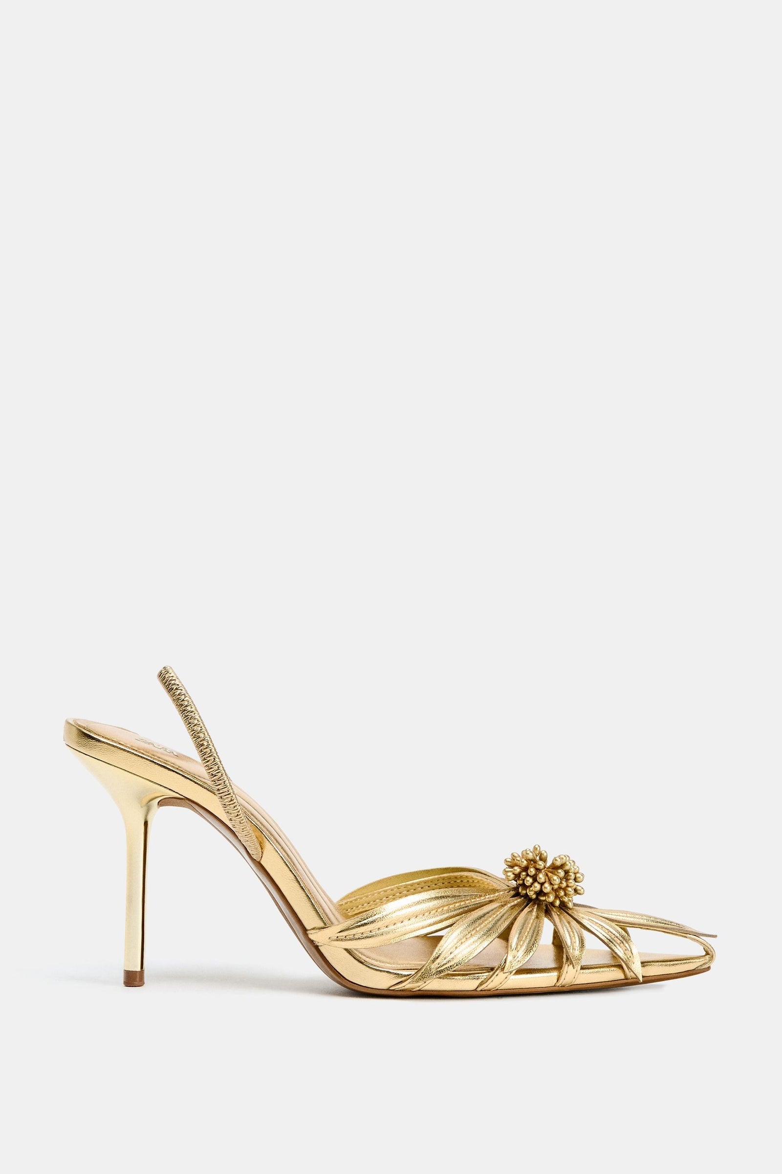 LAMINATED HIGH-HEEL SANDALS WITH FLOWER DETAIL